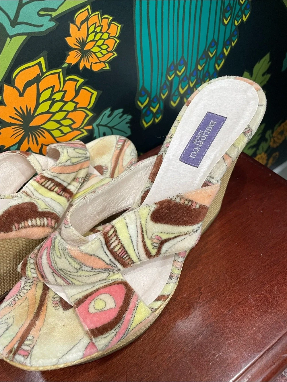 Emilio Pucci Velvet Print Wedge Mule Slides Size 39 Made in Italy